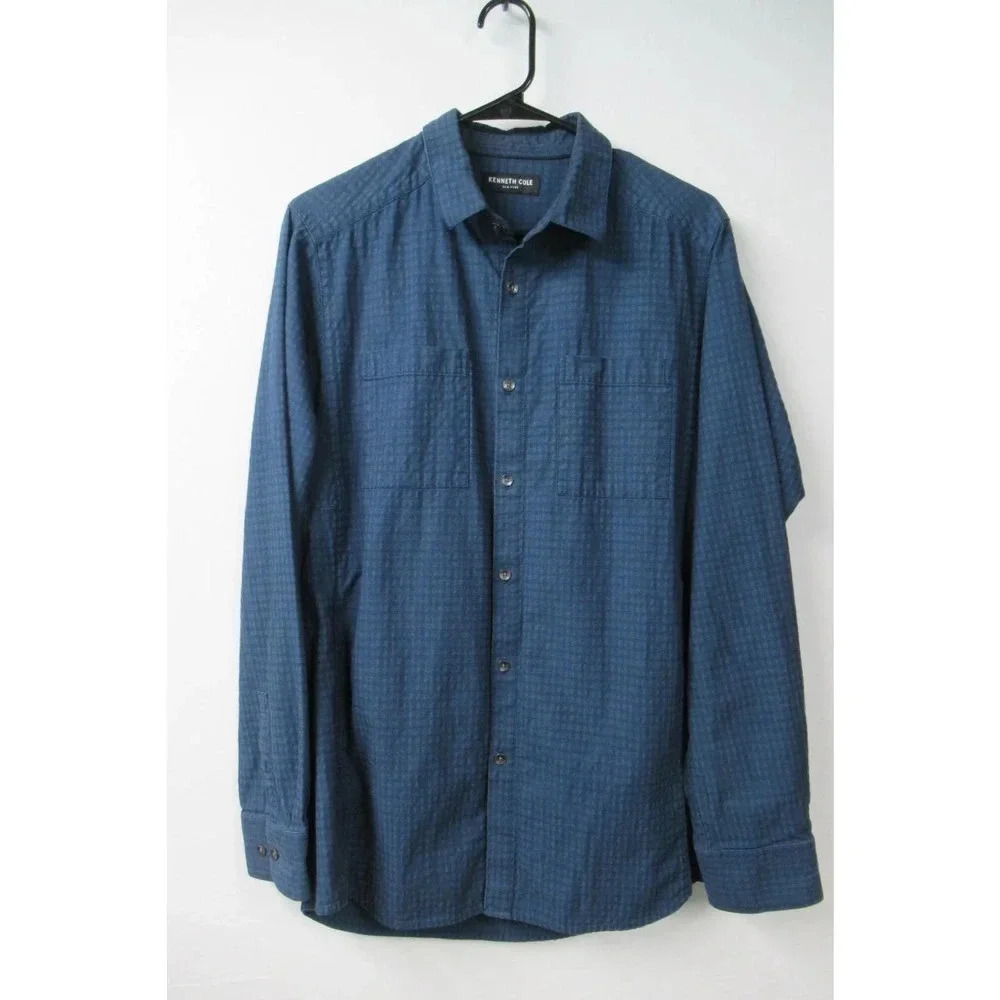 Kenneth Cole New York Long Sleeve Button Down w/Side Pockets Blue Pattern Sz Med